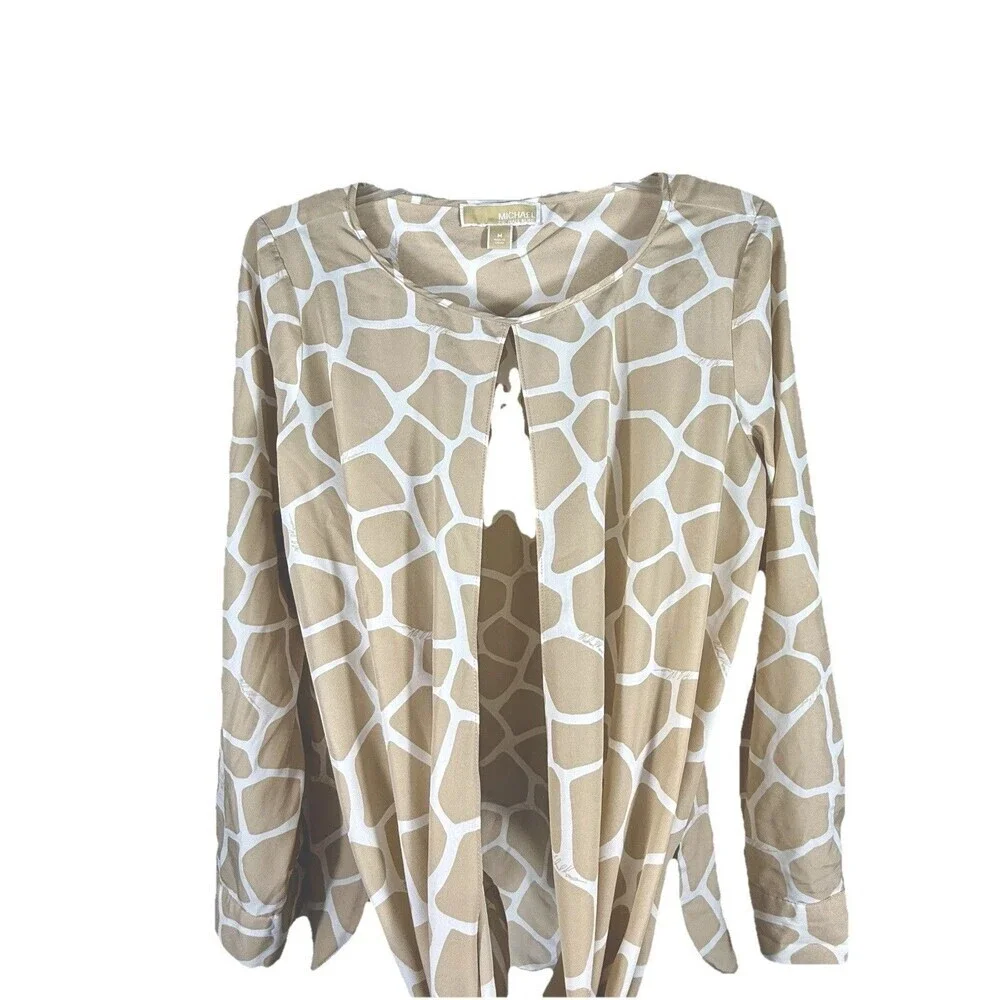 Michael Kors Giraffe Print Blouse Women M Roll Tab Sleeve Keyhole Beige